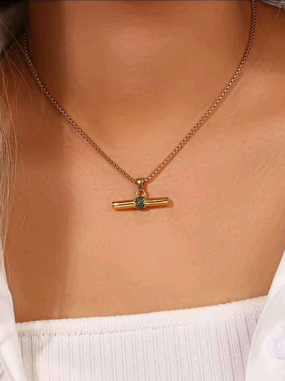 Gold Bar Pendant Necklace with Green Accent